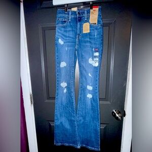 Levi's Medium Wash Blue 726 High Rise Flare Wide Leg Jeans Distressed 23W x 32L